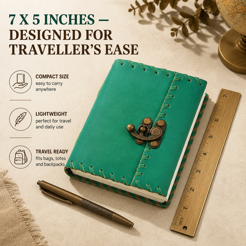Store Indya Genuine Leather-Bound Journal – Vintage Travel Notebook, 200 Unlined Pages, Antique Leather Journal with Secure Latch, Emerald Green