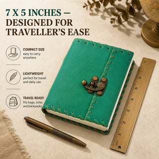Store Indya Genuine Leather-Bound Journal – Vintage Travel Notebook, 200 Unlined Pages, Antique Leather Journal with Secure Latch, Emerald Green