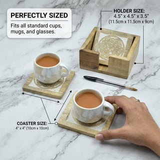 Store Indya Set of 4 Wooden Square Coasters with Holder for Tea Coffee Beer Wine Glass Drinks | Whitwash Finish with Mandala Carving |Tabletop Protection Perfect Coasters