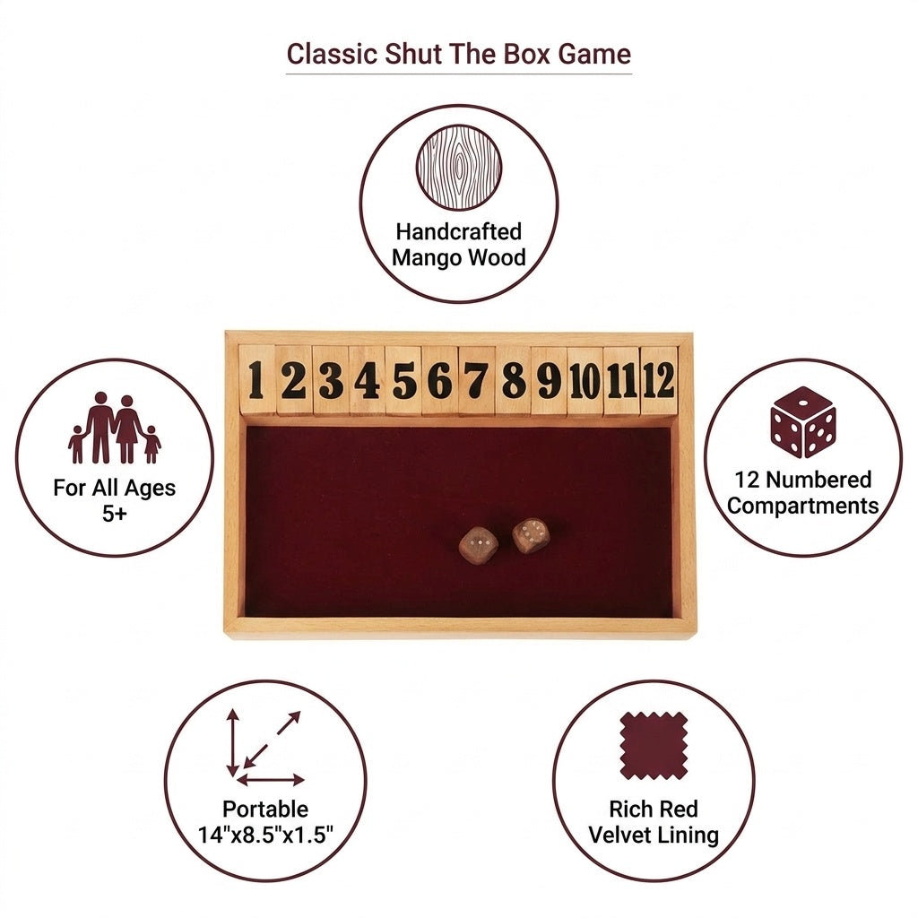 STORE INDYA Shut The Box Dice Game - 12 Number Wooden Board Game for Kids & Adults - Educational Math Game - Handcrafted Mango Wood 14