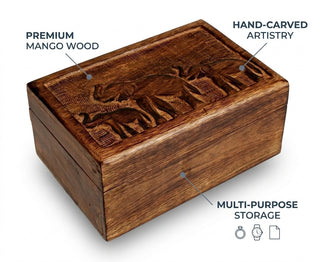 STOREINDYA Wooden Handmade Treasure Chest Box - Antique Jewelry Keepsake Storage with Elephant Design, Lock & Trinket Holder for Watches & Accessories