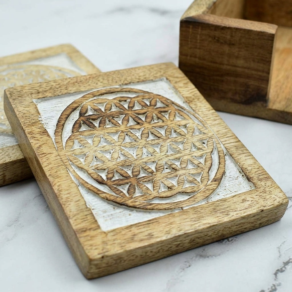 Store Indya Set of 4 Wooden Square Coasters with Holder for Tea Coffee Beer Wine Glass Drinks | Whitwash Finish with Mandala Carving |Tabletop Protection Perfect Coasters