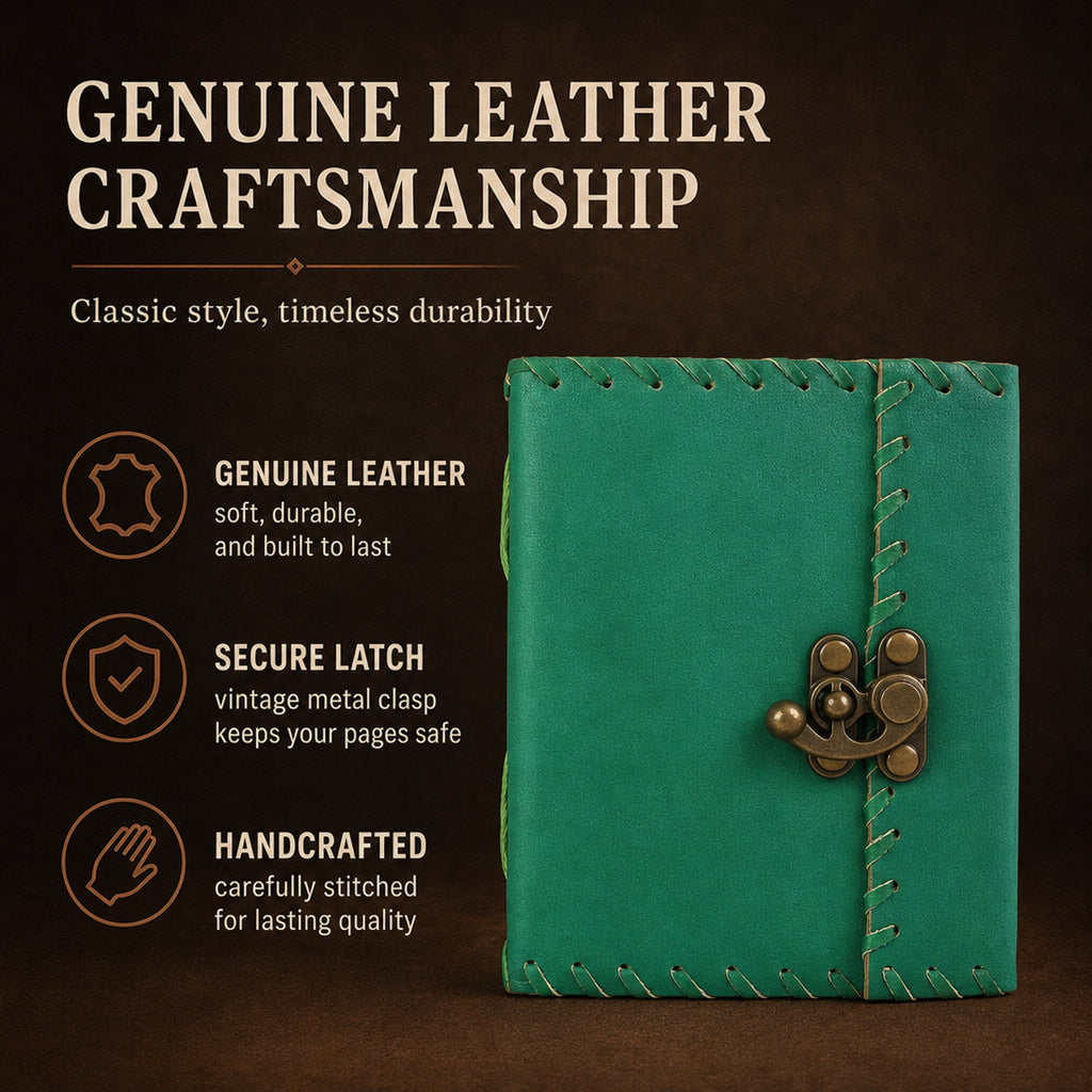 Store Indya Genuine Leather-Bound Journal – Vintage Travel Notebook, 200 Unlined Pages, Antique Leather Journal with Secure Latch, Emerald Green