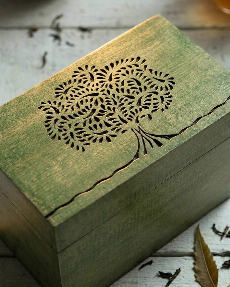 STOREINDYA Wooden Tea Storage Box | Tea Bag Organizer with 2 Compartments, Handcrafted Tea Box with Embossed Tree of Life Design for Kitchen Counter