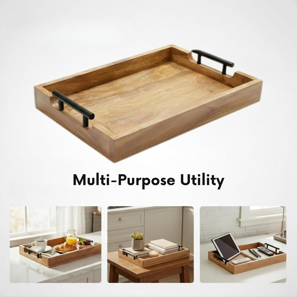 STORE INDYA Mango Wood Serving Tray with Metal Handles – Rustic Coffee Table & Ottoman Tray for Living Room, Kitchen, Breakfast in Bed, and Gatherings