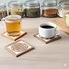Store Indya Set of 4 Wooden Square Coasters with Holder for Tea Coffee Beer Wine Glass Drinks | Whitwash Finish with Mandala Carving |Tabletop Protection Perfect Coasters