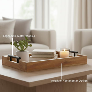 STORE INDYA Mango Wood Serving Tray with Metal Handles – Rustic Coffee Table & Ottoman Tray for Living Room, Kitchen, Breakfast in Bed, and Gatherings