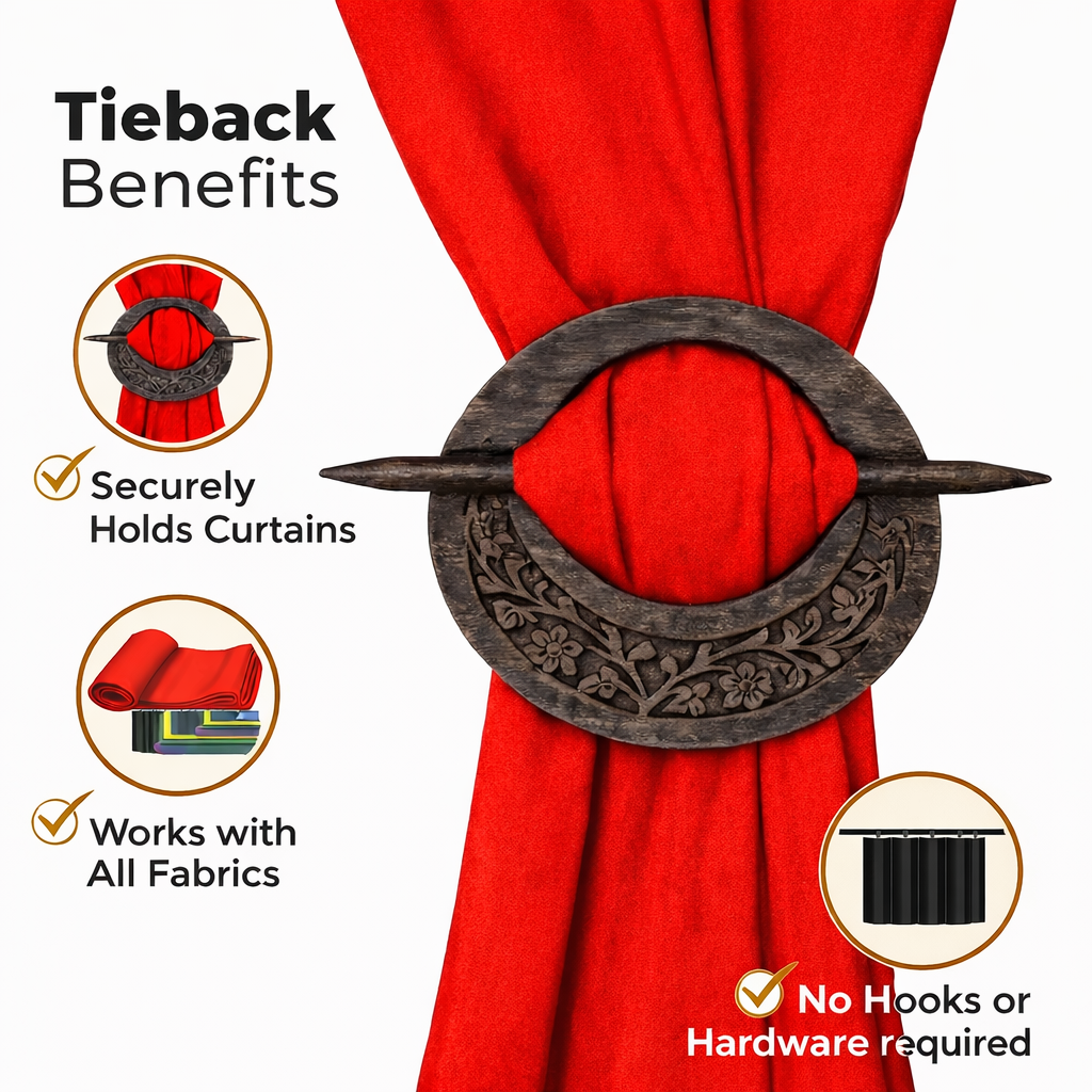StoreIndya Wooden Curtain Tiebacks Set of 2 - Hand Carved Floral Design Curtain Holdbacks Tie Backs for Window Drapes Home Decor