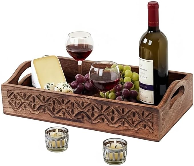 STORE INDYA Rustic Large Wooden Serving Tray Platter for Tea Snack Dessert with Handle Hand Carved Floral Design Kitchen Dining Serve-Ware Accessories 14 x 10 Inches