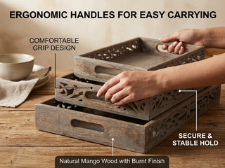 Vintage Rustic Wooden Serving Trays with Handle - Set of 3