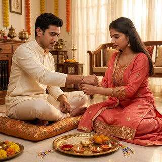STORE INDYA Rakhi Set for Brother and Bhabhi - Traditional Bhaiya Bhabhi Rakhi for Raksha Bandhan Festival - Medium Size
