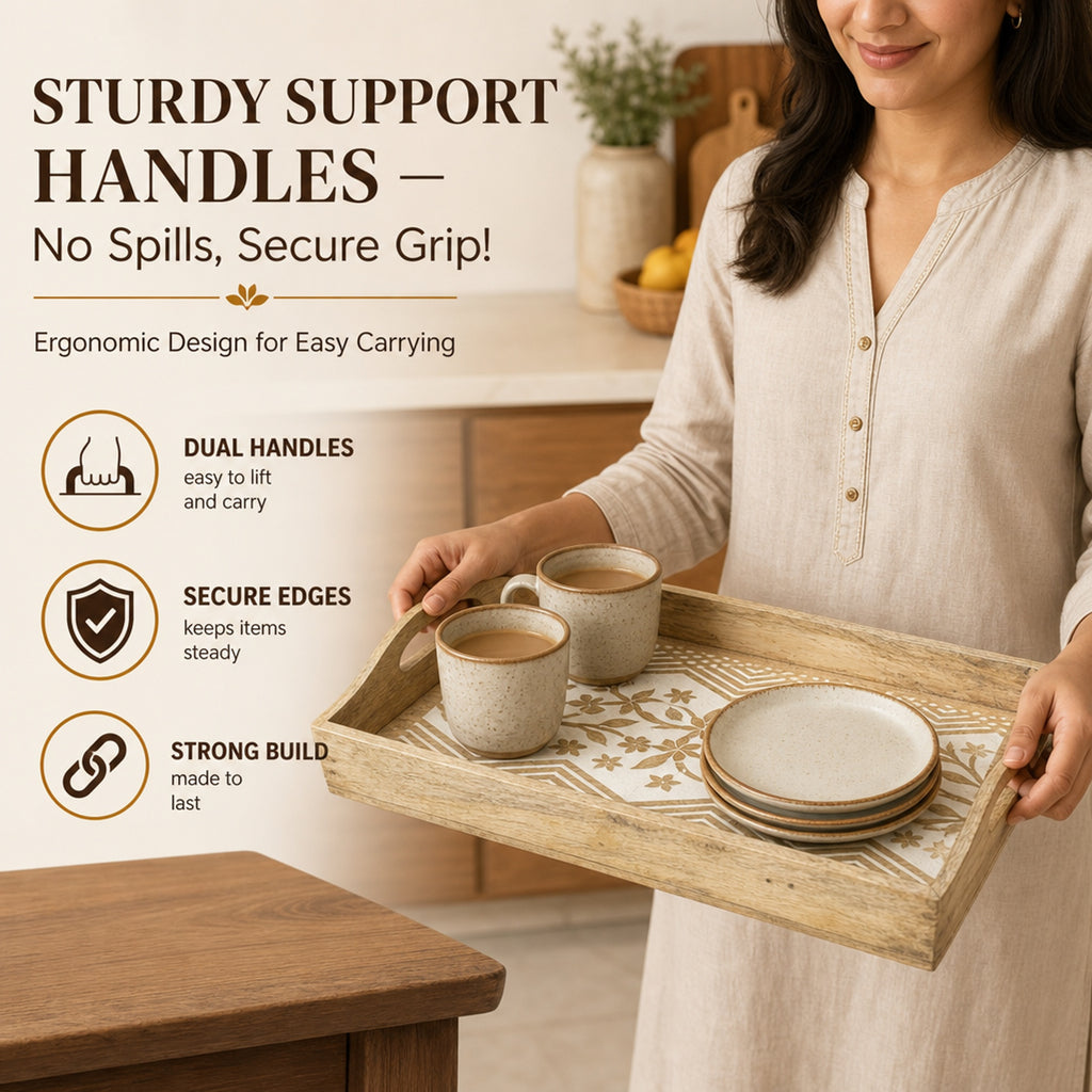 Store Indya Hand-Carved Wooden Serving Tray with Handles | Breakfast Tray for Tea, Snacks & Dessert | Kitchen Serveware | 15x10 Inches