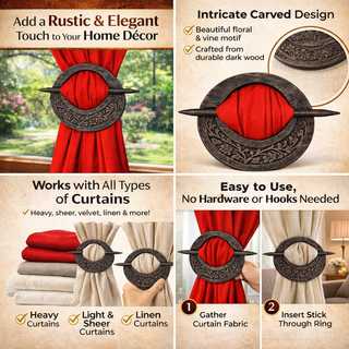 StoreIndya Wooden Curtain Tiebacks Set of 2 - Hand Carved Floral Design Curtain Holdbacks Tie Backs for Window Drapes Home Decor