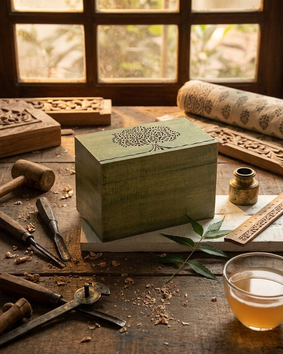 STOREINDYA Wooden Tea Storage Box | Tea Bag Organizer with 2 Compartments, Handcrafted Tea Box with Embossed Tree of Life Design for Kitchen Counter