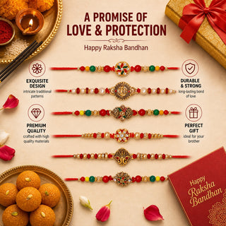 Rakhi Set of 6 for Brother, Bhai, Designer Multicolored Assorted Rakhi Bracelet Set for Raksha Bandhan