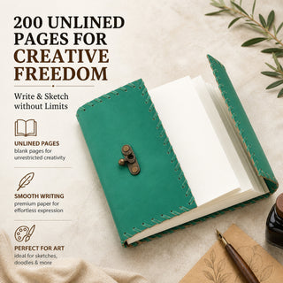 Store Indya Genuine Leather-Bound Journal – Vintage Travel Notebook, 200 Unlined Pages, Antique Leather Journal with Secure Latch, Emerald Green