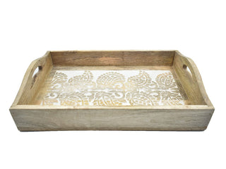 Hand Carved Wooden Breakfast Serving Tray with Handle for Breakfast Tea Snack Dessert | Kitchen Dining Serve-Ware Accessories | 15 x 10 Inches | 2050