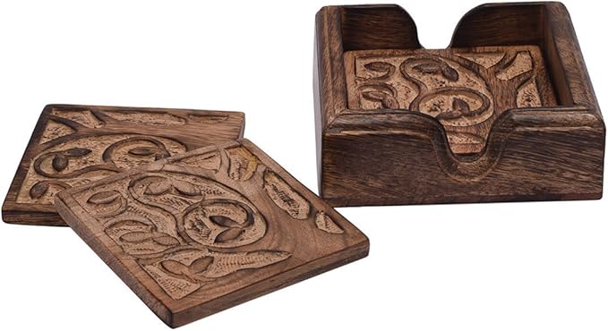 storeindya, Square Drink Coasters Handmade Set of 4 Coasters with Holder-Absorbent-for Tea Coffee Cup Wine Beer Glass Mug Kitchen Accessories (Tree of Life Collection)