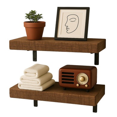 STORE INDYA Floating Shelves for Wall – Solid Wood Rustic Hanging Shelves, Wall Mounted for Bathroom, Bedroom, Living Room, Kitchen, Office, Farmhouse Decor | 16.5 Inch, Set of 2 (Rustic Brown)