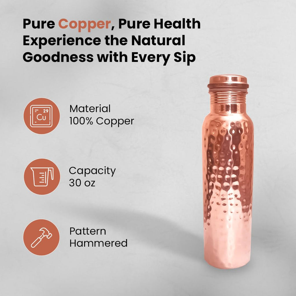 STORE INDYA 100% Pure Copper Drinking Water Bottle, 30 Oz, Handcrafted Hammered Ayurvedic Vessel with Leak-Proof Lid, Smooth Finish, Perfect for Health Benefits and Hydration