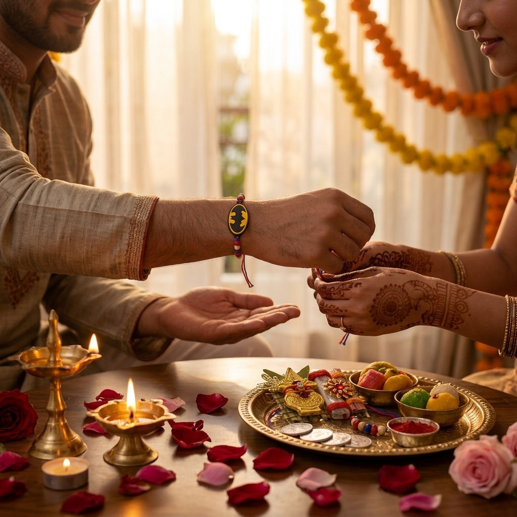 STORE INDYA Rakhi Set for Brother and Bhabhi - Traditional Bhaiya Bhabhi Rakhi for Bhai - Medium Size Raksha Bandhan Gift