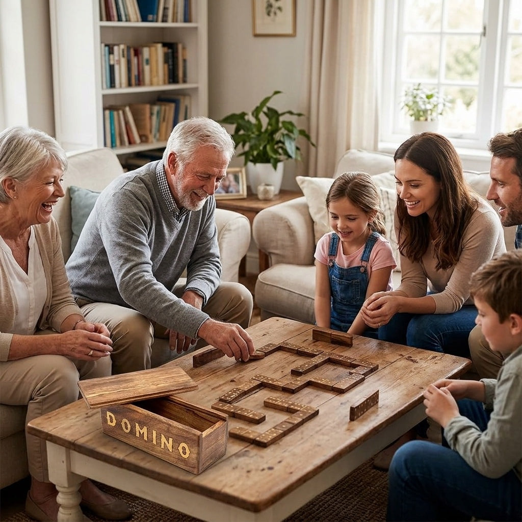 STORE INDYA Wooden Dominoes Set Double Six | Classic Handmade Domino Game Set 28 Tiles with Storage Box for Family Fun