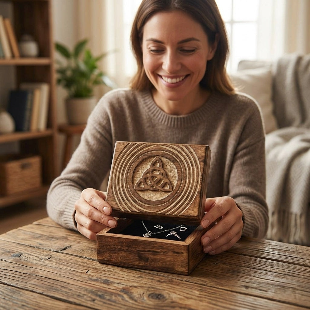 STORE INDYA Wooden Jewelry Box for Women - Hand Carved Decorative Pentagram Design | Jewelry Organizer Trinket Box for Keepsakes, Watches & Gifts