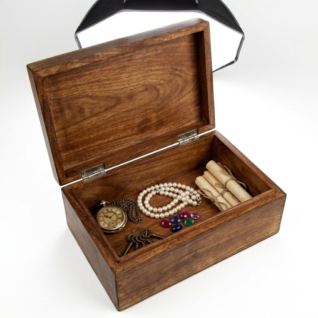 STOREINDYA Wooden Handmade Treasure Chest Box - Antique Jewelry Keepsake Storage with Elephant Design, Lock & Trinket Holder for Watches & Accessories
