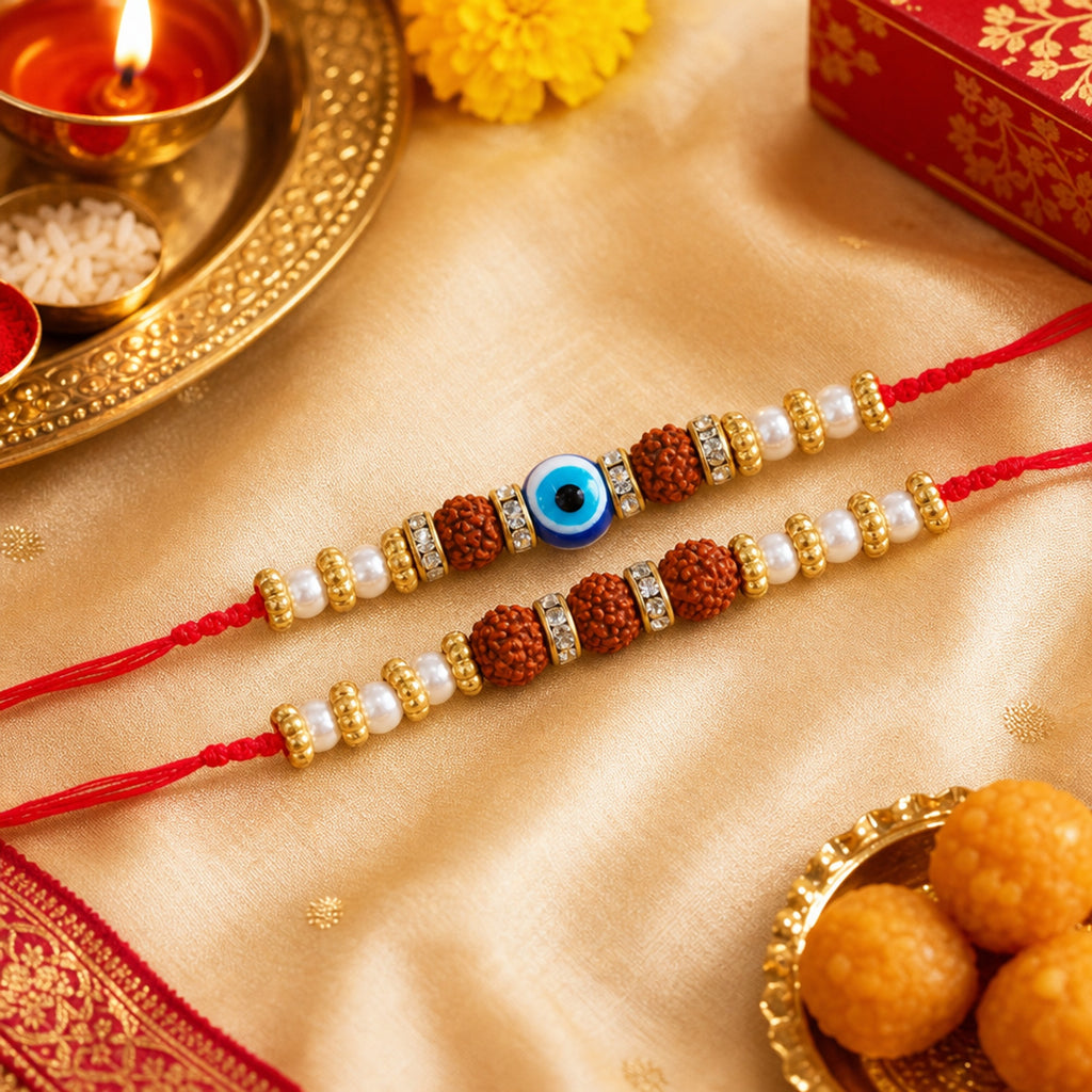 Designer Evil Eye & Rudraksha Rakhi Set of 2 for Brother – Rakhi Bracelet, Traditional Raksha Bandhan Gift, Rakhi for Bhaiya
