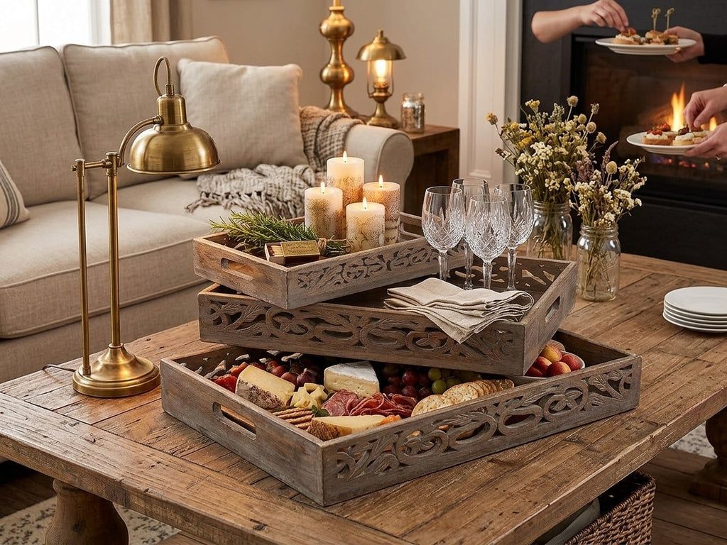 Vintage Rustic Wooden Serving Trays with Handle - Set of 3