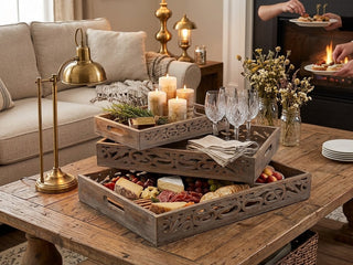 Vintage Rustic Wooden Serving Trays with Handle - Set of 3