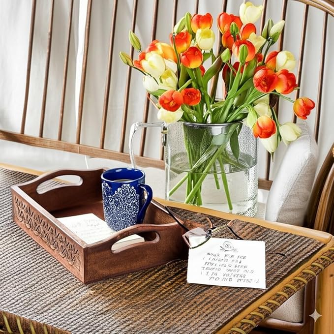 STORE INDYA Rustic Large Wooden Serving Tray Platter for Tea Snack Dessert with Handle Hand Carved Floral Design Kitchen Dining Serve-Ware Accessories 14 x 10 Inches