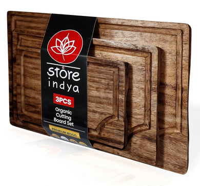 STORE INDYA Cutting Boards for Kitchen - Set of 3 Wooden Chopping Boards for Prep & Serving, Charcuterie Board, Butcher Block, Non Toxic Wood Cutting Boards – Large, Medium, Small – Gift Ready (Brown)