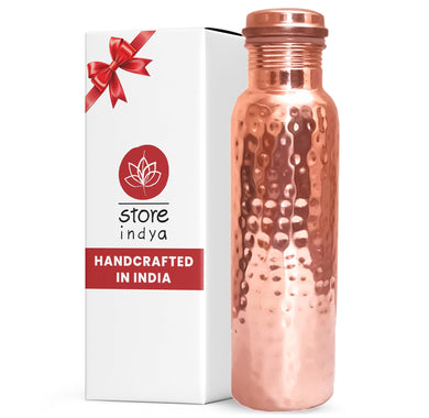 STORE INDYA 100% Pure Copper Drinking Water Bottle, 30 Oz, Handcrafted Hammered Ayurvedic Vessel with Leak-Proof Lid, Smooth Finish, Perfect for Health Benefits and Hydration