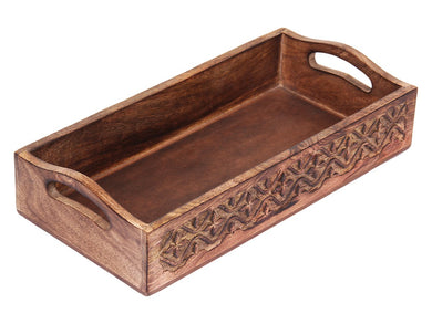 STORE INDYA Rustic Large Wooden Serving Tray Platter for Tea Snack Dessert with Handle Hand Carved Floral Design Kitchen Dining Serve-Ware Accessories 14 x 10 Inches