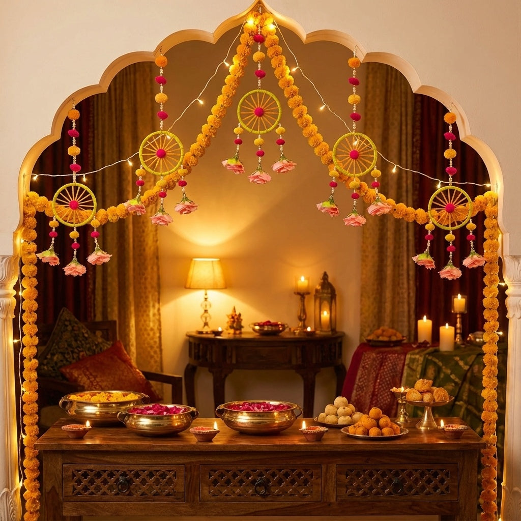 STORE INDYA Traditional Wall Hangings Set of 5, With Peach color Flowers