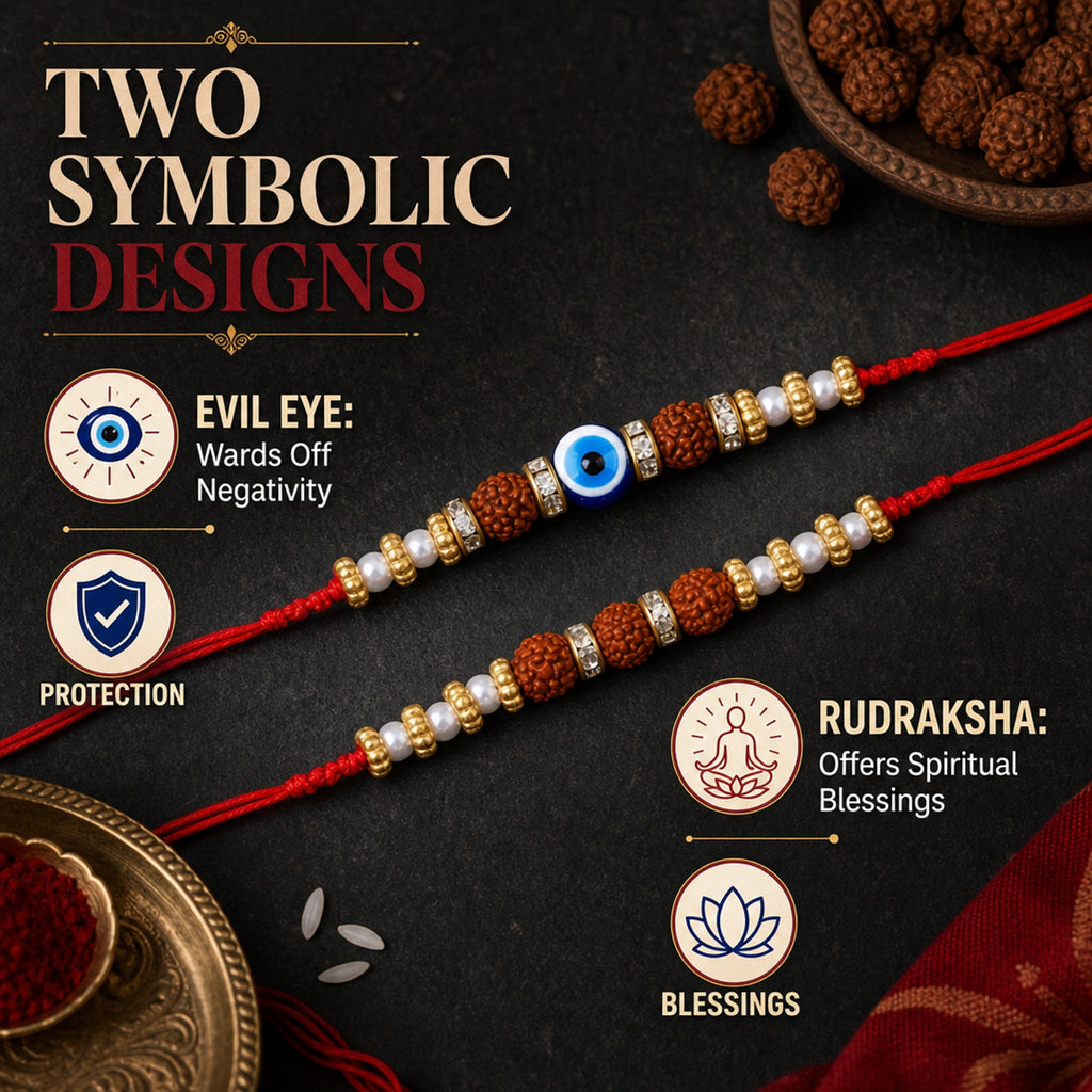 Designer Evil Eye & Rudraksha Rakhi Set of 2 for Brother – Rakhi Bracelet, Traditional Raksha Bandhan Gift, Rakhi for Bhaiya