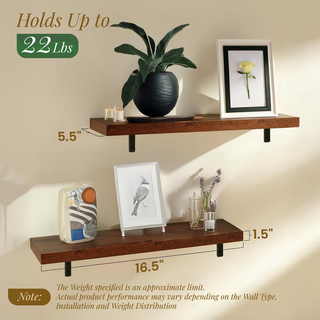 STORE INDYA Floating Shelves for Wall – Solid Wood Rustic Hanging Shelves, Wall Mounted for Bathroom, Bedroom, Living Room, Kitchen, Office, Farmhouse Decor | 16.5 Inch, Set of 2 (Rustic Brown)