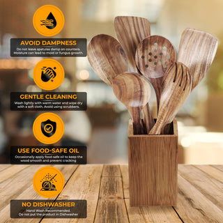 STORE INDYA 8 Piece Wooden Spoons for Cooking,Wood Kitchen Cooking Utensil Set for Nonstick Pans and Cookware | Wooden Utensil Set with Spoon Rest and Holder | Lightweight, Heat Resistant, Non Toxic