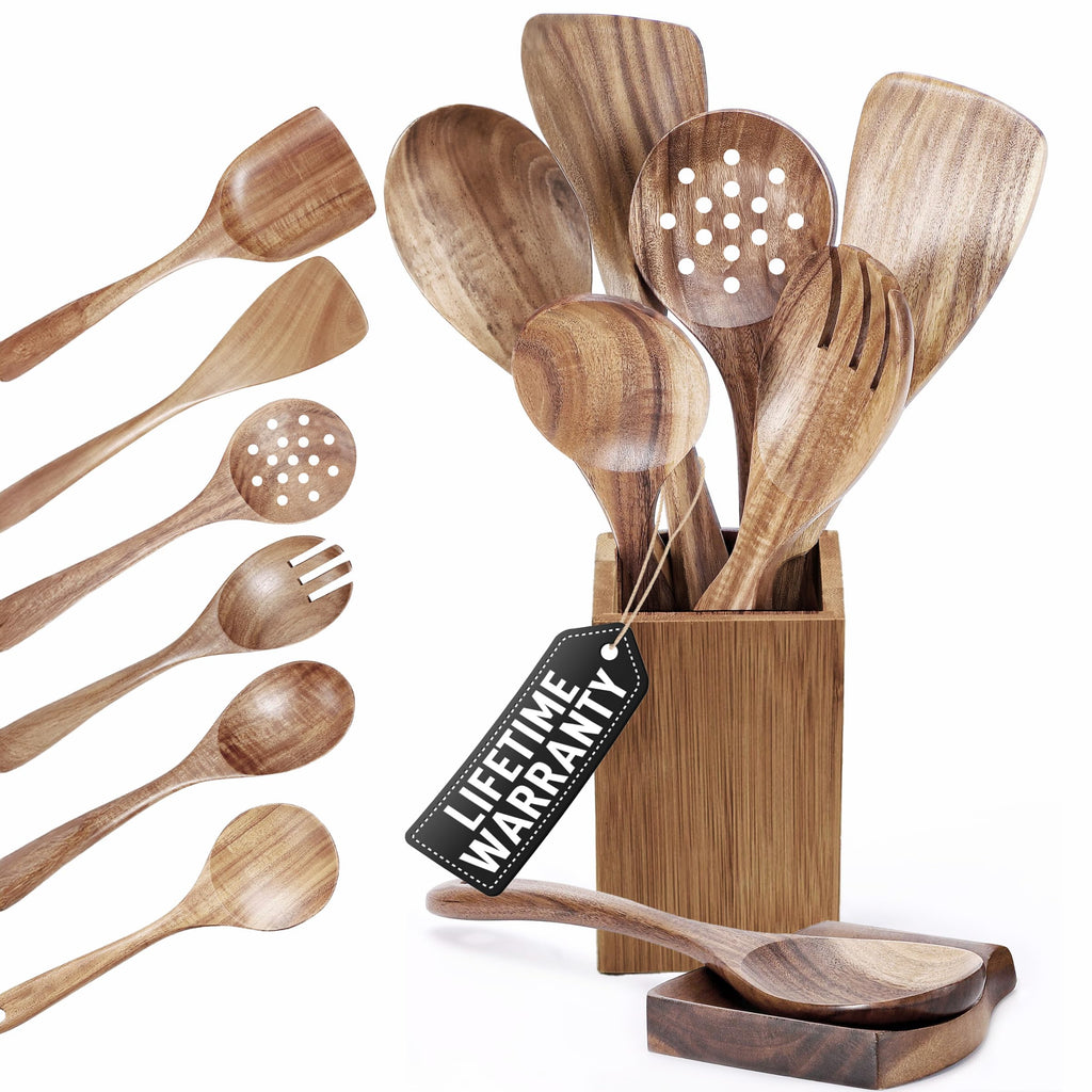 STORE INDYA 8 Piece Wooden Spoons for Cooking,Wood Kitchen Cooking Utensil Set for Nonstick Pans and Cookware | Wooden Utensil Set with Spoon Rest and Holder | Lightweight, Heat Resistant, Non Toxic