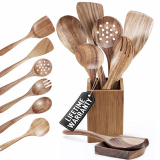 STORE INDYA 8 Piece Wooden Spoons for Cooking,Wood Kitchen Cooking Utensil Set for Nonstick Pans and Cookware | Wooden Utensil Set with Spoon Rest and Holder | Lightweight, Heat Resistant, Non Toxic