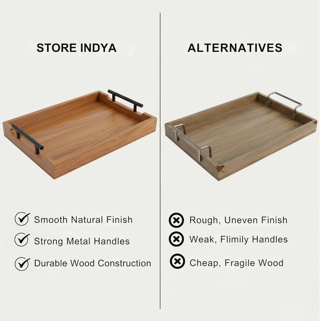 STORE INDYA Mango Wood Serving Tray with Metal Handles – Rustic Coffee Table & Ottoman Tray for Living Room, Kitchen, Breakfast in Bed, and Gatherings