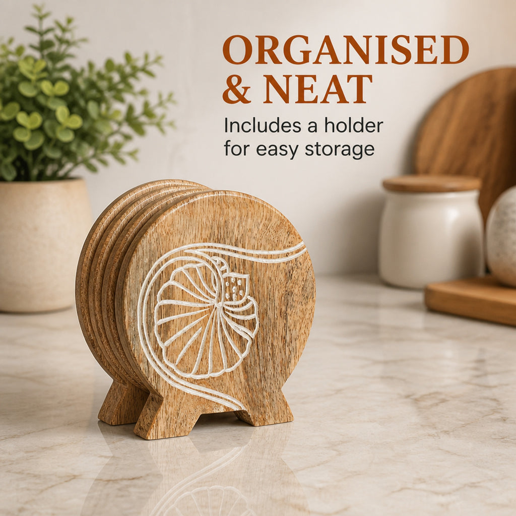 Store Indya Natural Wood Coasters Set of 6 with Holder, 4 in