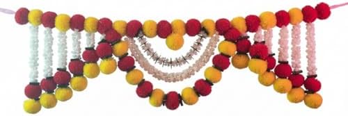 Store Indya Artificial Marigold Garland, Pink and White Pearl Beads, 3 Feet Traditional Toran Bandhanwaar Door Hanging for Religious Ceremonies and Festivals