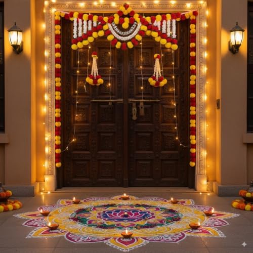 Store Indya Artificial Marigold Garland, Pink and White Pearl Beads, 3 Feet Traditional Toran Bandhanwaar Door Hanging for Religious Ceremonies and Festivals