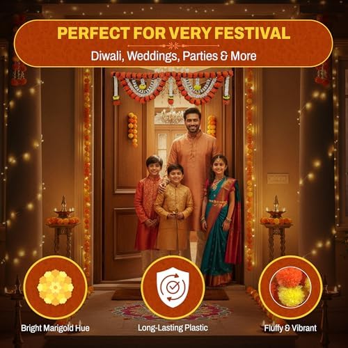 Store Indya Decorative Artificial Marigold and Pearl Toran, Traditional Orange Flower Door Hanging