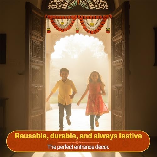 Store Indya Decorative Artificial Marigold and Pearl Toran, Traditional Orange Flower Door Hanging