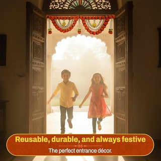 Store Indya Decorative Artificial Marigold and Pearl Toran, Traditional Orange Flower Door Hanging