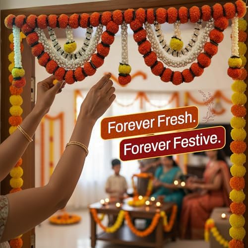 Store Indya Decorative Artificial Marigold and Pearl Toran, Traditional Orange Flower Door Hanging