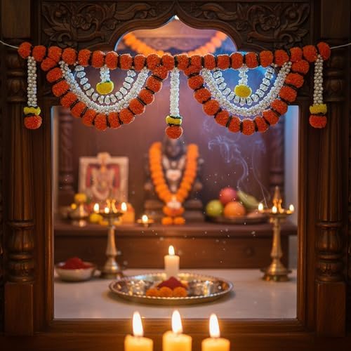 Store Indya Decorative Artificial Marigold and Pearl Toran, Traditional Orange Flower Door Hanging